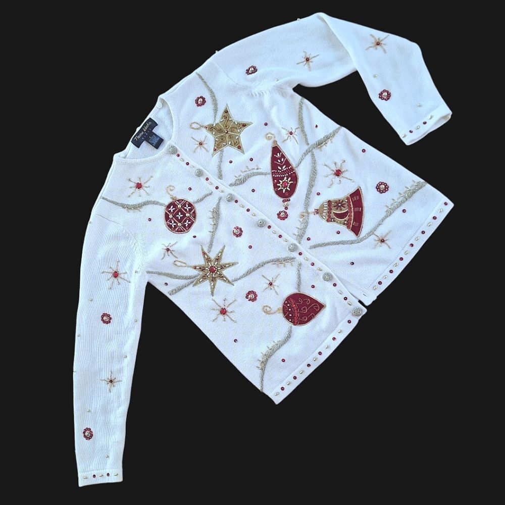 Vintage 90's KIKIT Christmas Sweater Cream Embellished Ornaments Cardigan size S - Picture 5 of 16